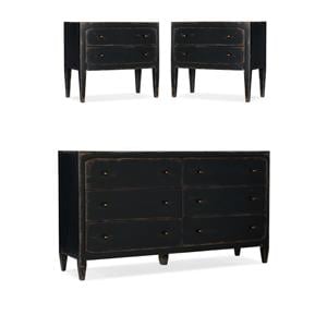 Home Square Set of 3 Wood  6 Drawer Dresser & 2 Two-Drawer Nightstands in Black