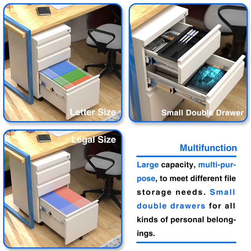 Home Square Set of 2 Mobile Office FIle Cabinet with 3 Drawers Fully Assembled