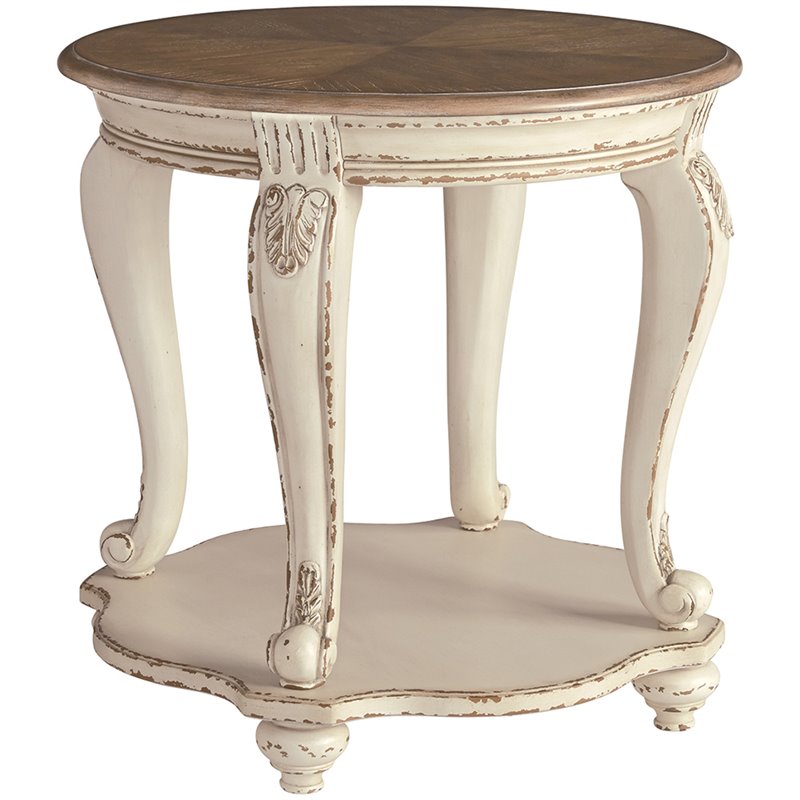 Home Square Set of 2 Round End Tables in Chipped White and Brown