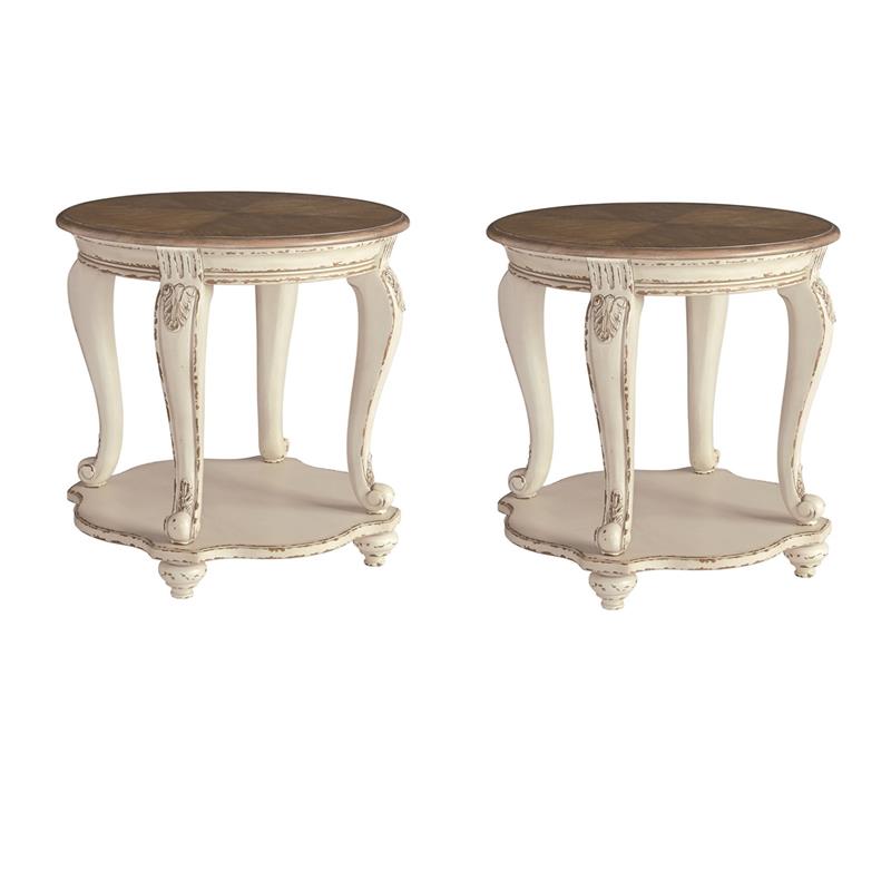 Home Square Set of 2 Round End Tables in Chipped White and Brown