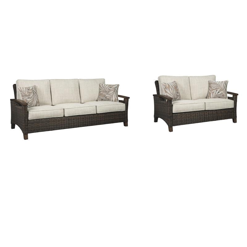 Home Square Set of 2 Rattan Patio Loveseat and Sofa in Brown