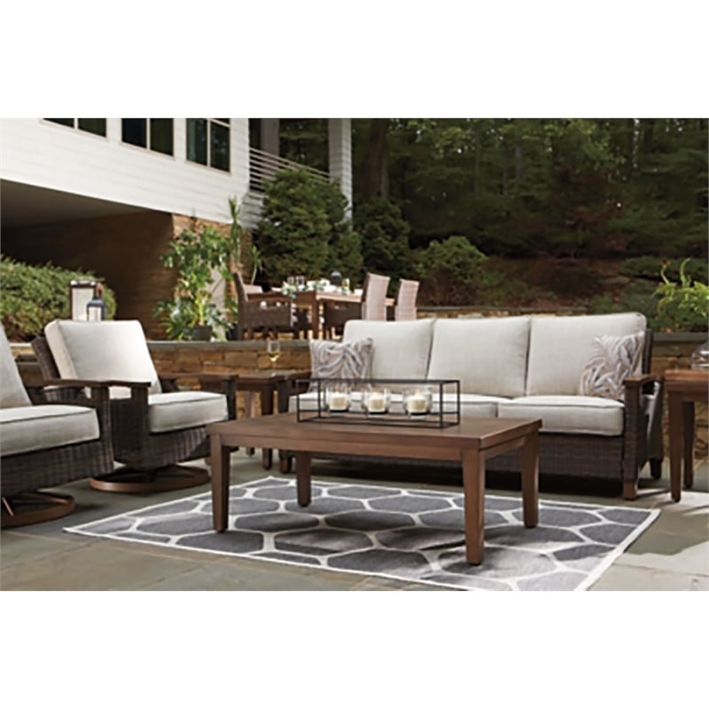 Home Square Set of 3 Patio Fire Pit Table and Loveseat and Sofa in Medium Brown