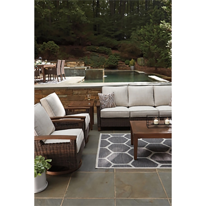 Home Square Set of 3 Patio Fire Pit Table and Loveseat and Sofa in Medium Brown