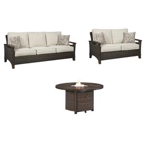 home square set of 3 patio fire pit table and loveseat and sofa in medium brown