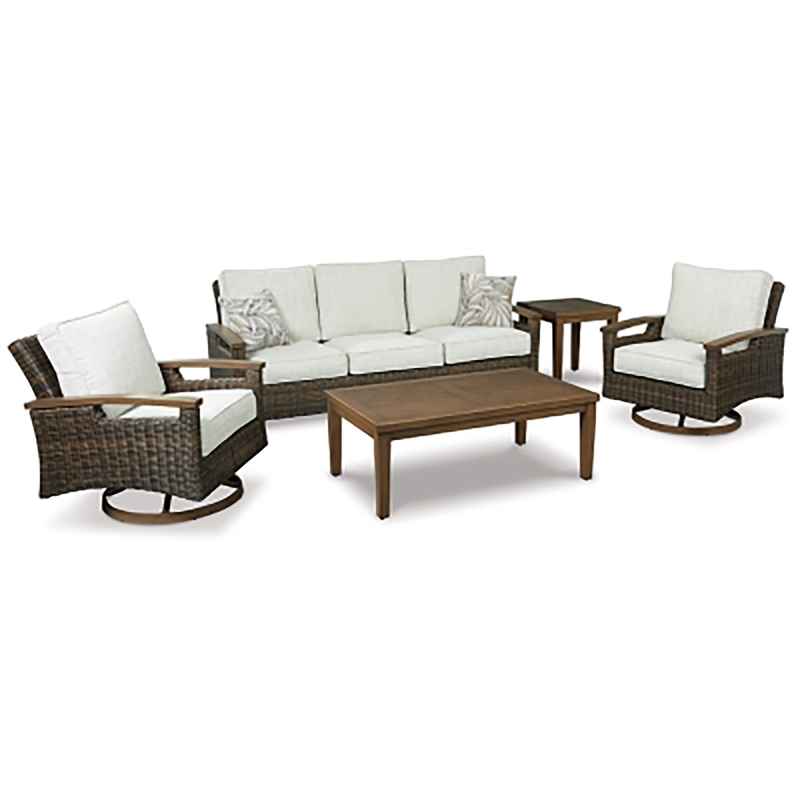 Home Square Set of 2 Patio Round Fire Pit Table and Sofa in Medium Brown