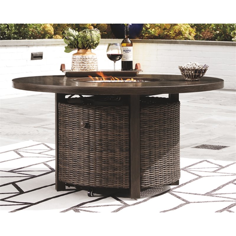 Home Square Set of 2 Patio Round Fire Pit Table and Sofa in Medium Brown