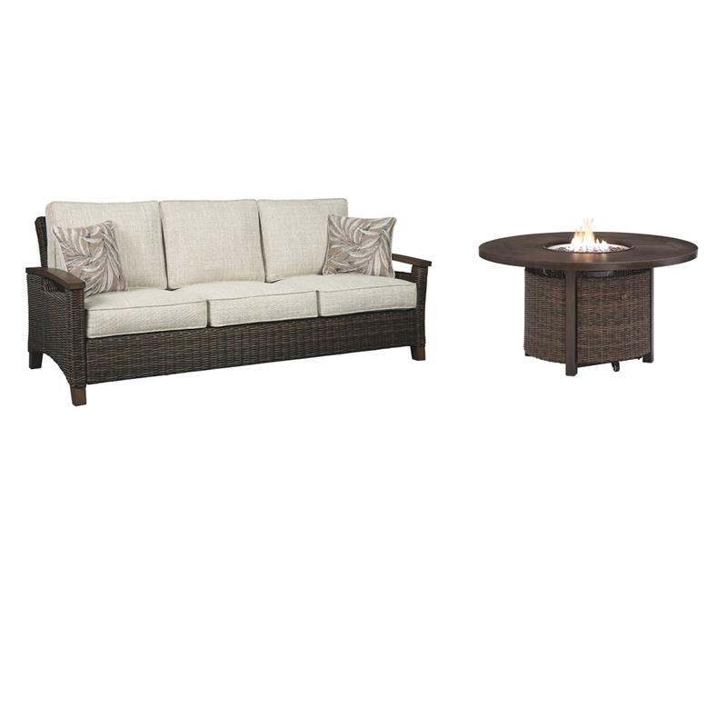 Home Square Set of 2 Patio Round Fire Pit Table and Sofa in Medium Brown