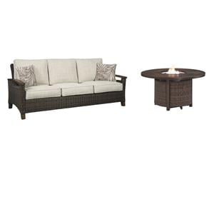 Home Square Set of 2 Patio Round Fire Pit Table and Sofa in Medium Brown