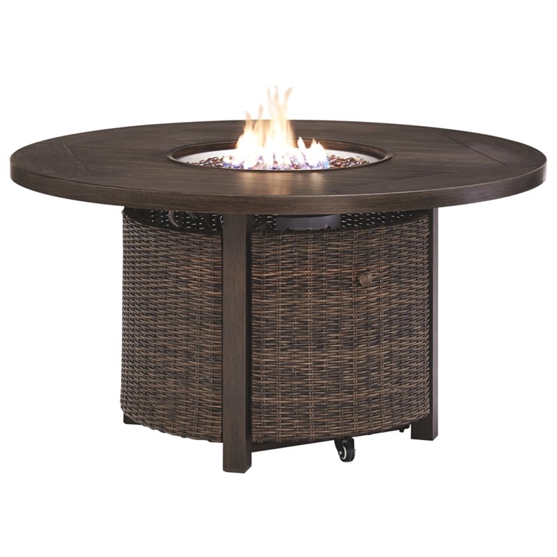 Home Square Set of 2 Patio Round Fire Pit Table and Loveseat in Medium Brown
