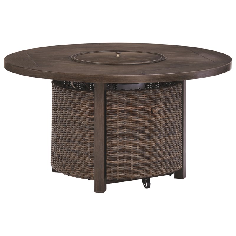 Home Square Set of 2 Patio Round Fire Pit Table and Loveseat in Medium Brown