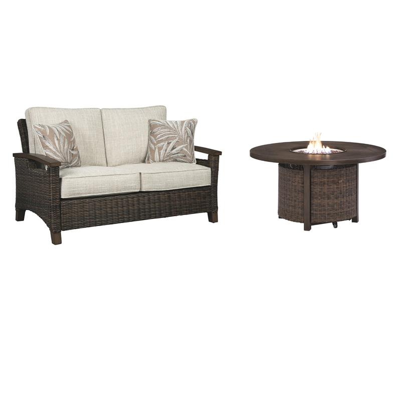 Home Square Set of 2 Patio Round Fire Pit Table and Loveseat in Medium Brown