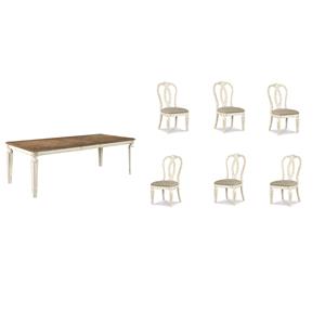 Home Square Set of 7 Extendable Dining Table and Side Chair in Chipped White
