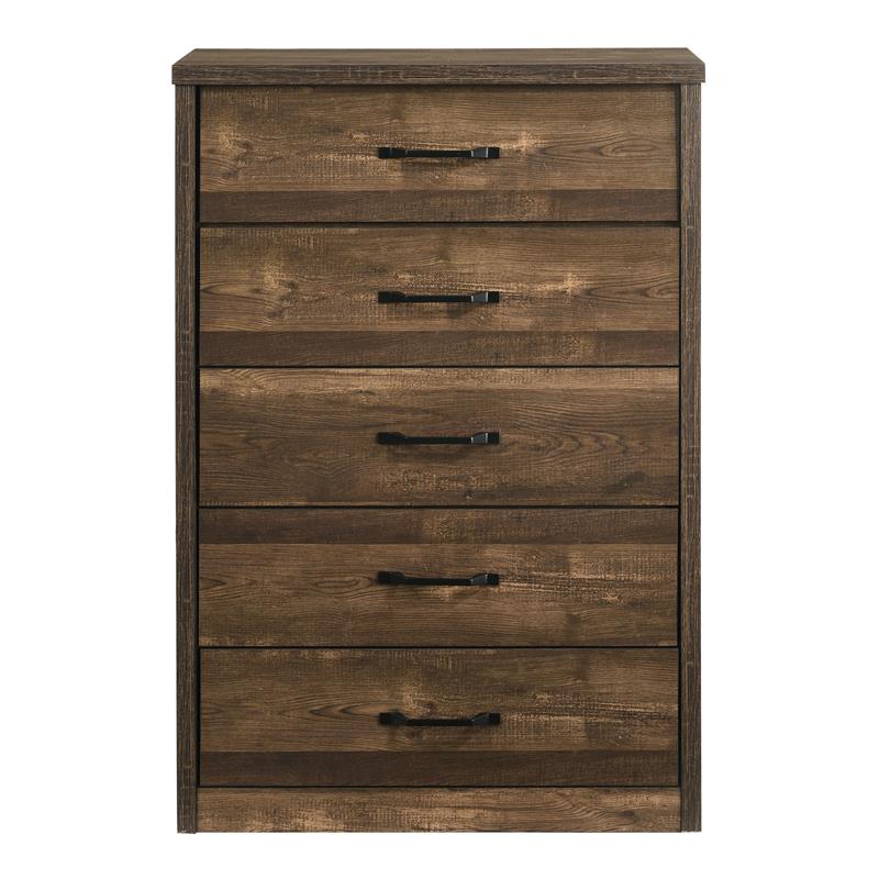 Home Square Set of 2 Rustic Wood 5-Drawer Chest and Full Panel Bed in Walnut