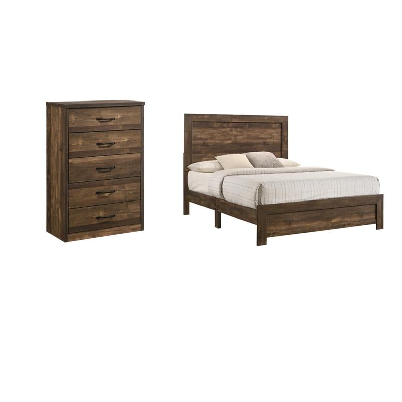 Home Square Set of 2 Rustic Wood 5-Drawer Chest and Full Panel Bed in Walnut