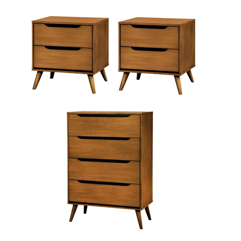 Home Square Set of 3 Wood 2-Drawer Nightstands and 4-Drawer Chest in Oak