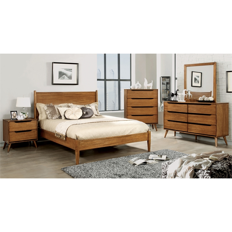 Home Square Set of 2 Wood 2-Drawer Nightstand and 4-Drawer Chest in Oak