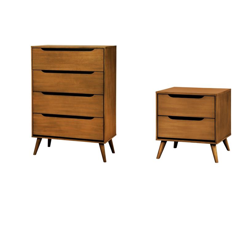 Home Square Set of 2 Wood 2-Drawer Nightstand and 4-Drawer Chest in Oak