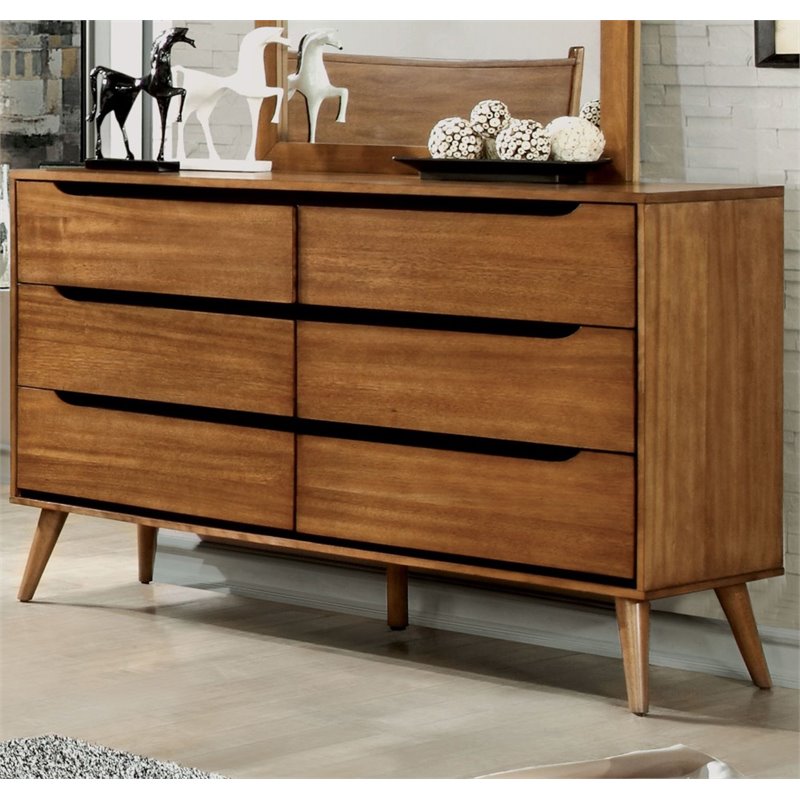 Home Square Set of 2 Mid-Century Wood 4-Drawer Chest and 6-Drawer Dresser in Oak