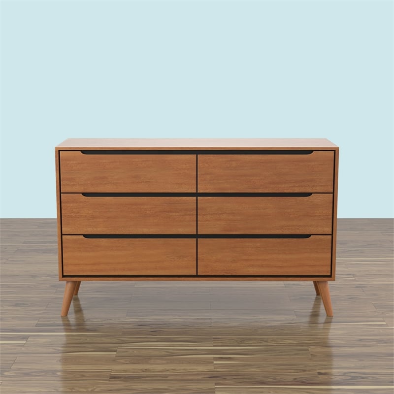 Home Square Set of 2 Mid-Century Wood 4-Drawer Chest and 6-Drawer Dresser in Oak