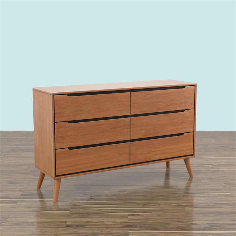 Home Square Set of 2 Mid-Century Wood 4-Drawer Chest and 6-Drawer Dresser in Oak