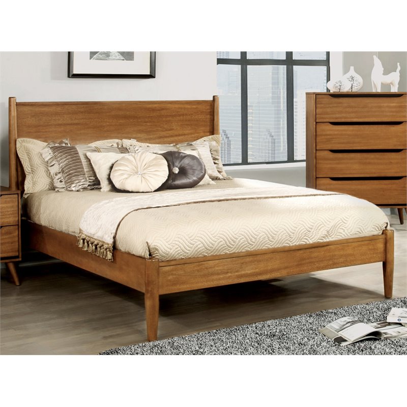 Home Square Set of 3 Wood Full Platform Bed and 2 2-Drawer Nightstands in Oak