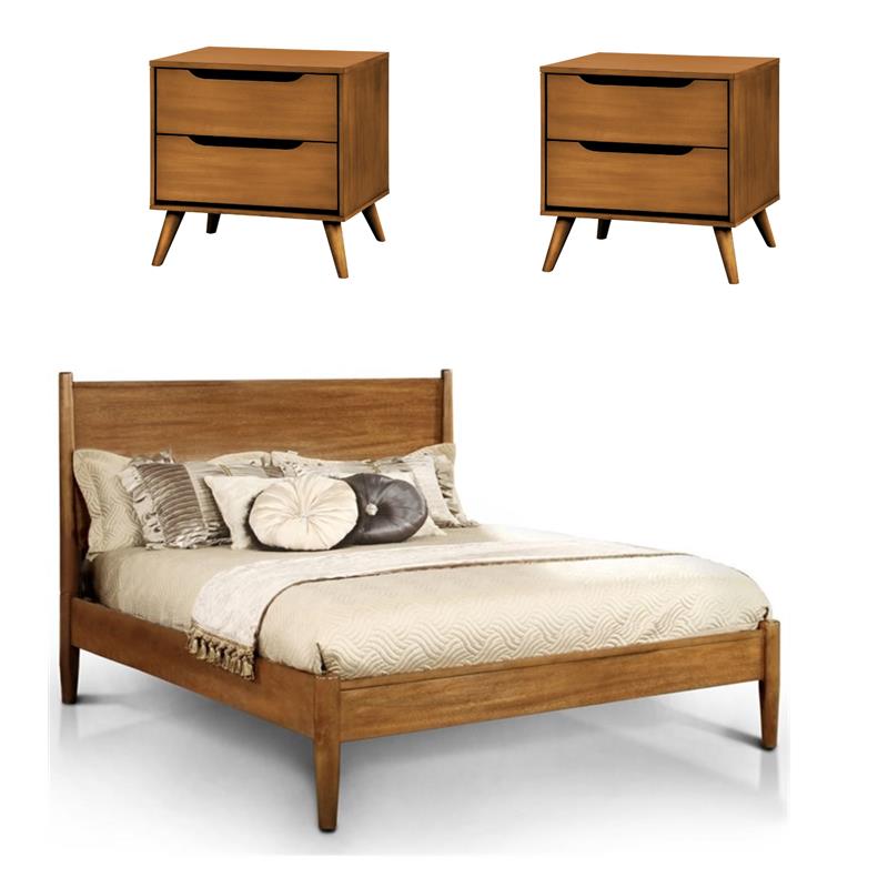 Home Square Set of 3 Wood Full Platform Bed and 2 2-Drawer Nightstands in Oak