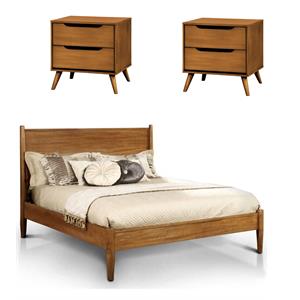 Home Square Set of 3 Wood Full Platform Bed and 2 2-Drawer Nightstands in Oak