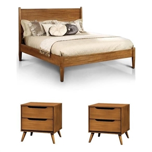 Home Square Set of 3 Wood King Platform Bed and 2 2-Drawer Nightstands in Oak