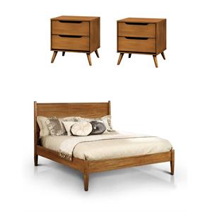 Home Square Set of 3 Wood Queen Platform Bed and 2 2-Drawer Nightstands in Oak