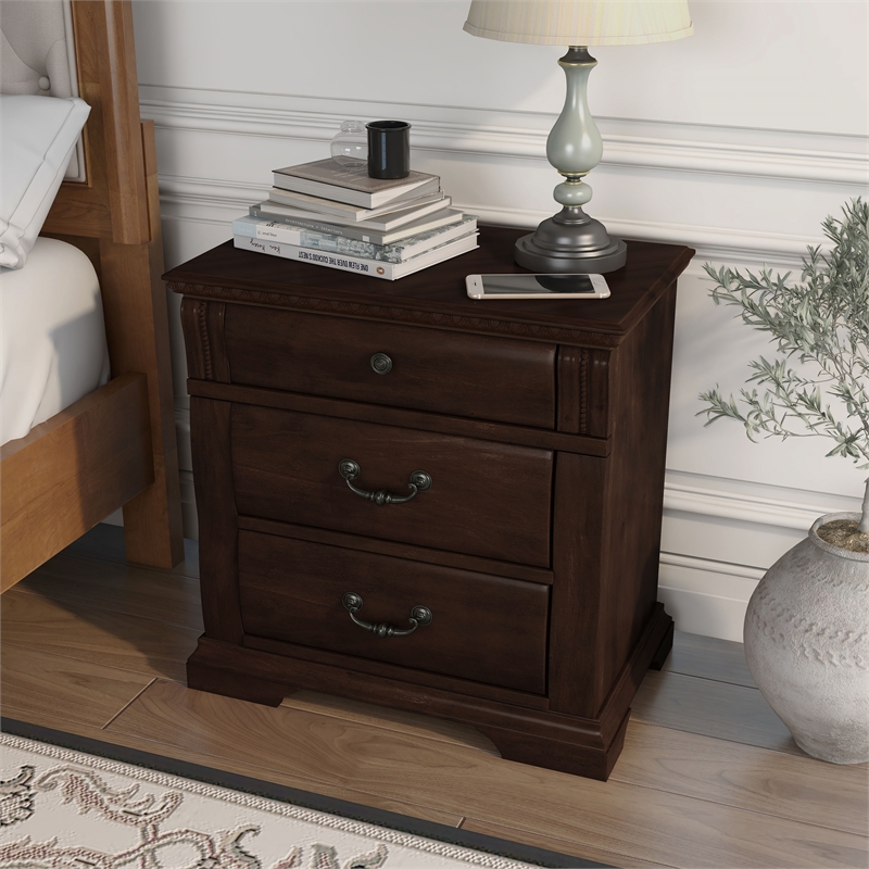 Home Square Set of 2 Wood 3-Drawer Nightstand and 9-Drawer Dresser in Cherry