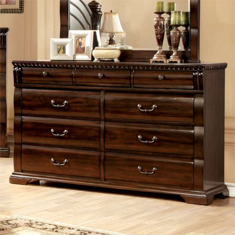 Home Square Set of 3 Wood 2 3-Drawer Nightstands and 9-Drawer Dresser in Cherry