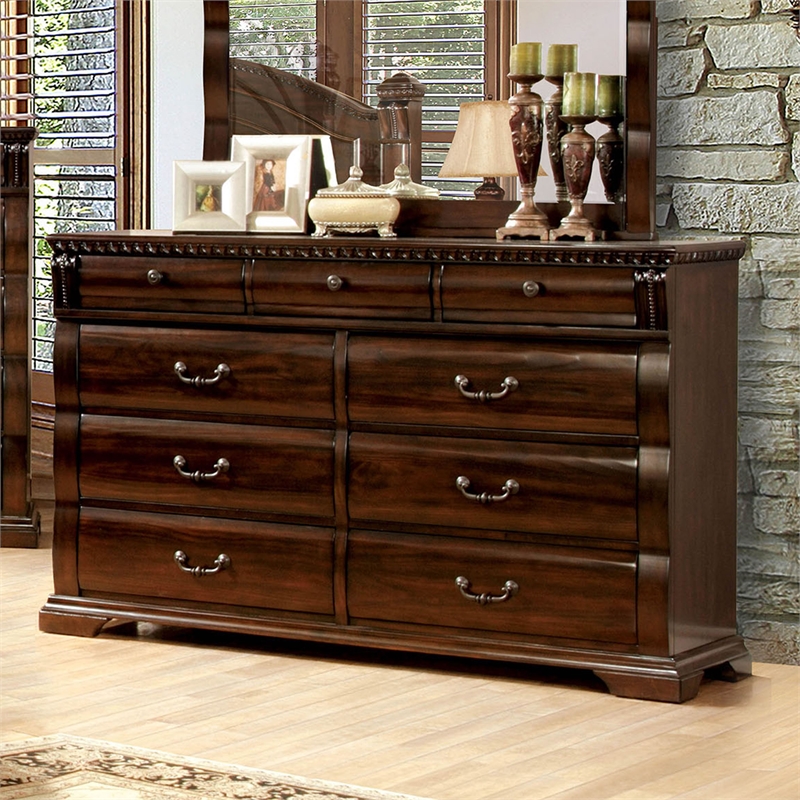 Home Square Set of 3 Wood 2 3-Drawer Nightstands and 9-Drawer Dresser in Cherry