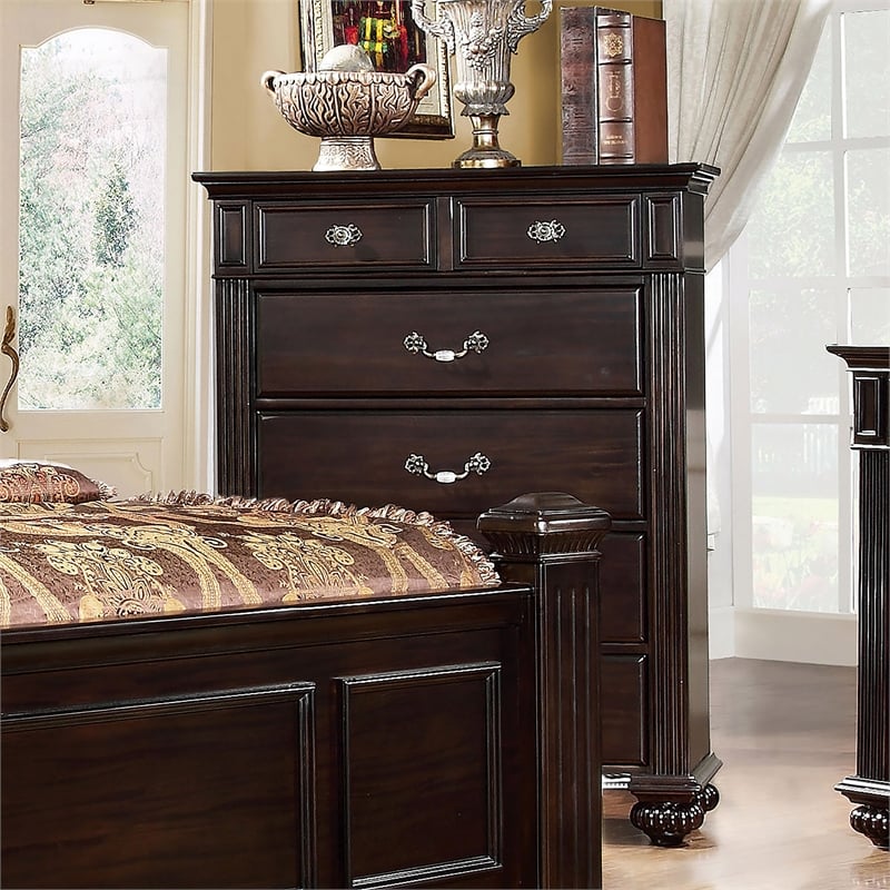 Home Square Set of 4 Solid Wood Chest, Dresser and 2 Nightstands in Dark Walnut
