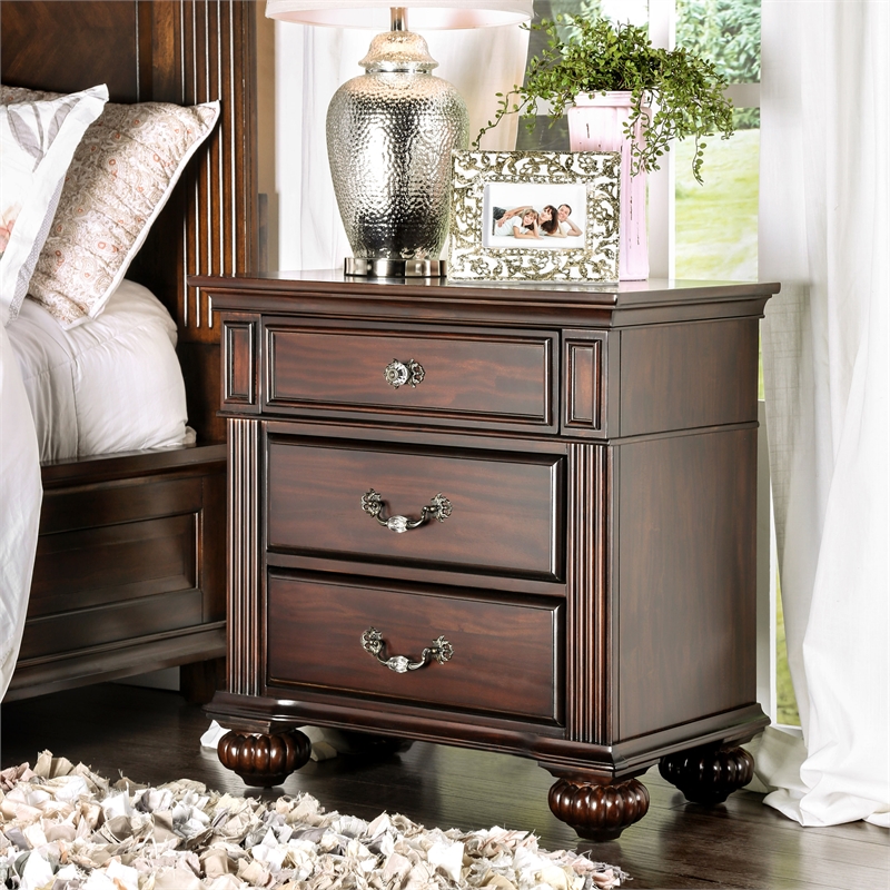 Home Square Set of 3 Solid Wood 2 Nightstands and Chest in Dark Walnut