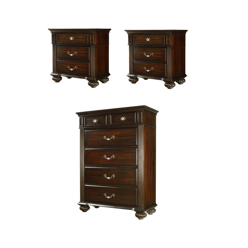 Home Square Set of 3 Solid Wood 2 Nightstands and Chest in Dark Walnut