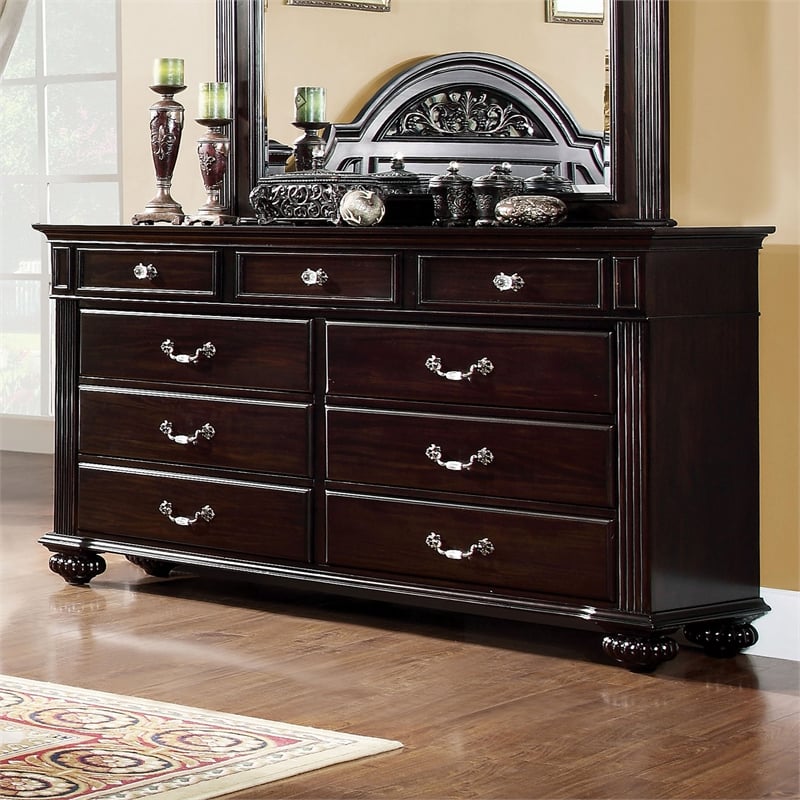 Home Square Set of 3 Solid Wood 2 Nightstands and Dresser in Dark Walnut