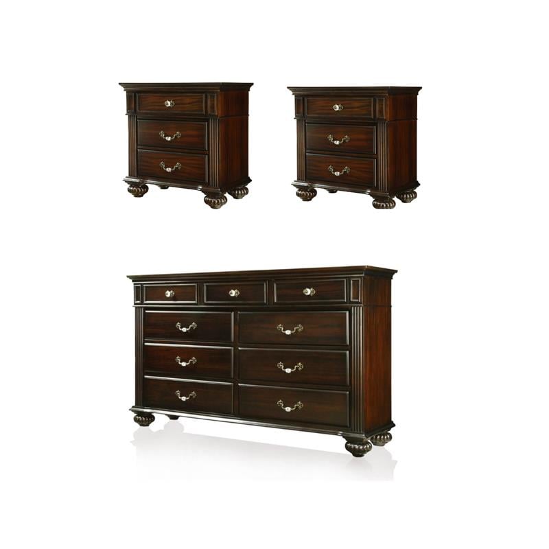 Home Square Set of 3 Solid Wood 2 Nightstands and Dresser in Dark Walnut
