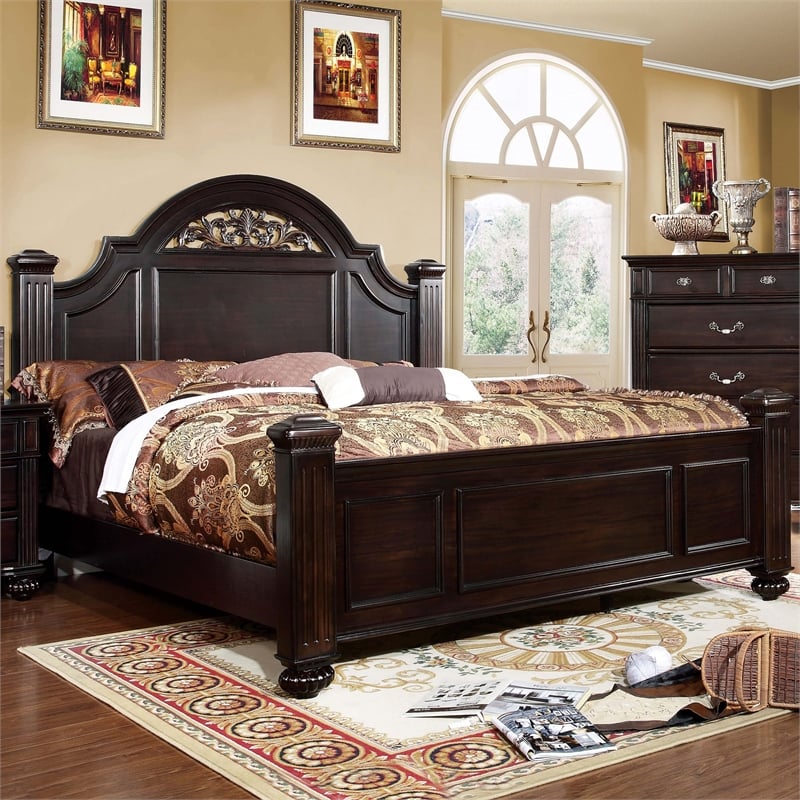 Home Square Set of 3 California King Panel Bed and 2 Nightstands in Dark Walnut