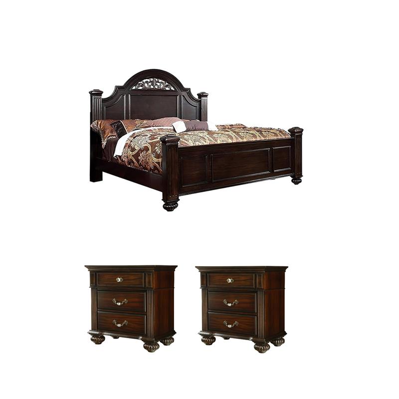 Home Square Set of 3 Queen Panel Bed and 2 Nightstands in Dark Walnut
