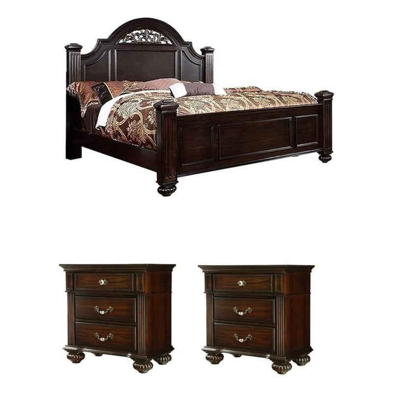 Home Square Set of 3 King Panel Bed and 2 Nightstands in Dark Walnut