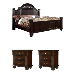 Home Square Set of 3 King Panel Bed and 2 Nightstands in Dark Walnut