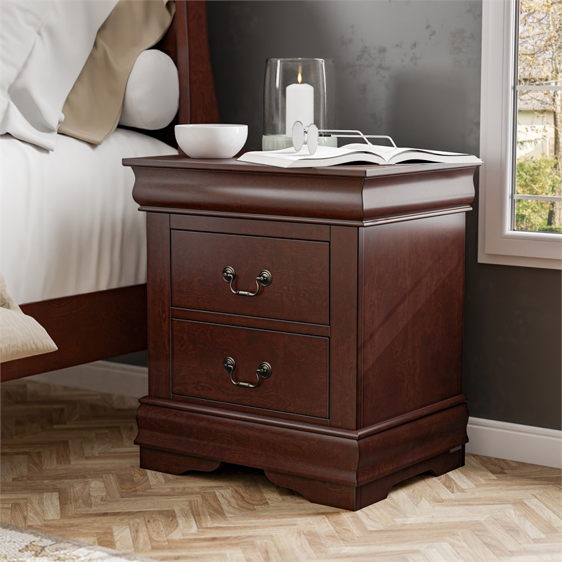 Home Square Set of 3 Transitional Wood 2 Nightstands and Dresser in Cherry