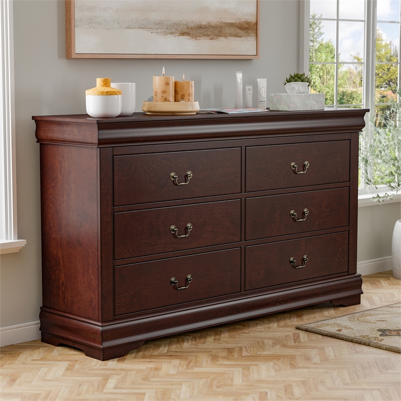 Home Square Set of 3 Transitional Wood 2 Nightstands and Dresser in Cherry