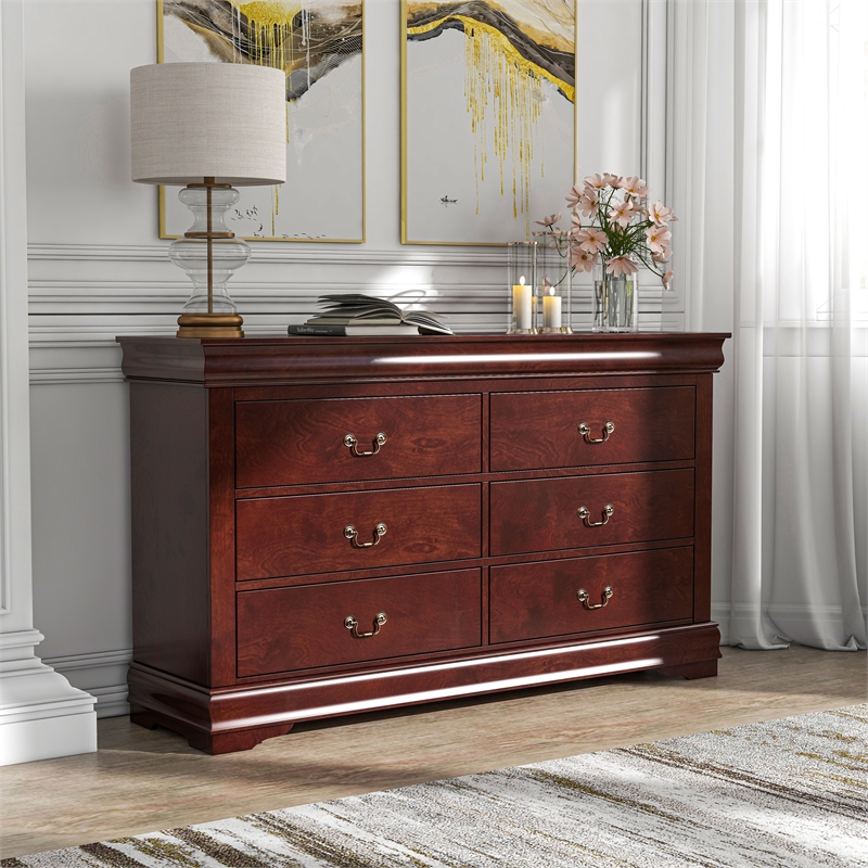 Home Square Set of 3 Transitional Wood 2 Nightstands and Dresser in Cherry