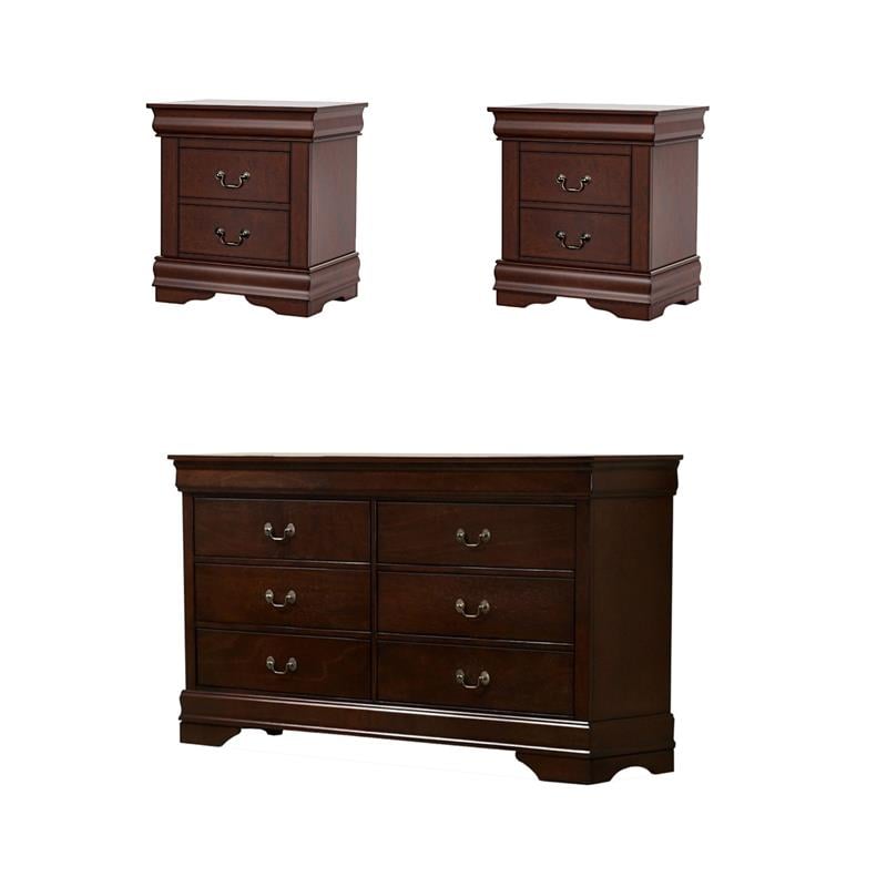 Home Square Set of 3 Transitional Wood 2 Nightstands and Dresser in Cherry