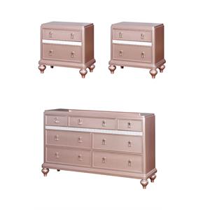 Home Square Set of 3 Solid Wood 2 Nightstands and Dresser in Rose Gold