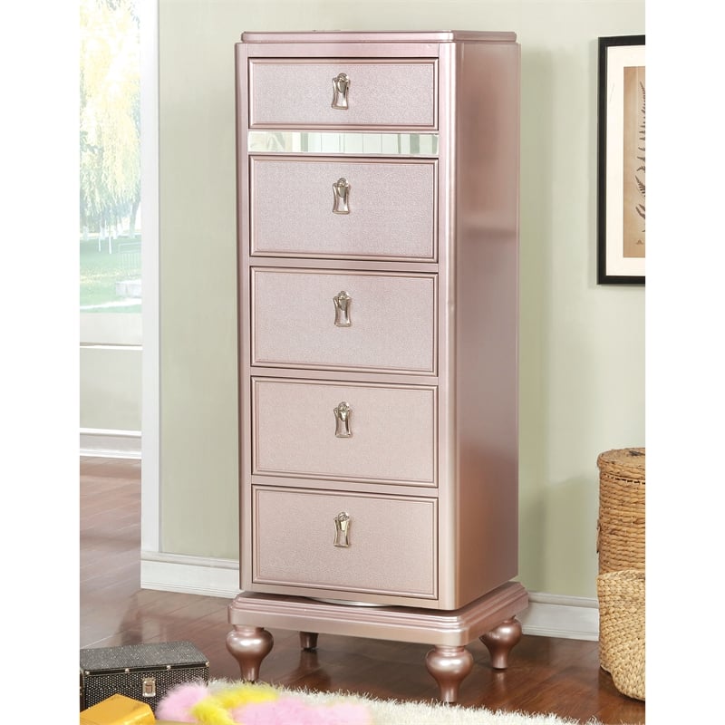 Home Square Set of 3 2 Nightstands and Swivel Chest with Mirror in Rose Gold
