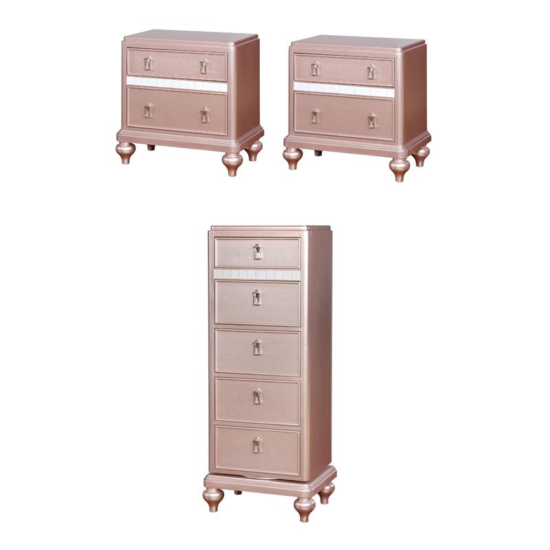 Home Square Set of 3 2 Nightstands and Swivel Chest with Mirror in Rose Gold