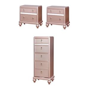 Home Square Set of 3 2 Nightstands and Swivel Chest with Mirror in Rose Gold