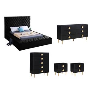Home Square Set of 5 Velvet Full Bed & Dresser & Chest & 2 Nightstands in Black